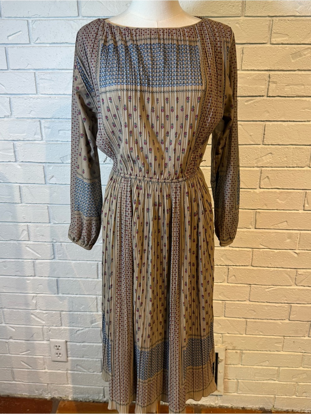 Vintage 70s 80s Liz Roberts Long Sleeve Midi Dress Taupe Floral Womens M